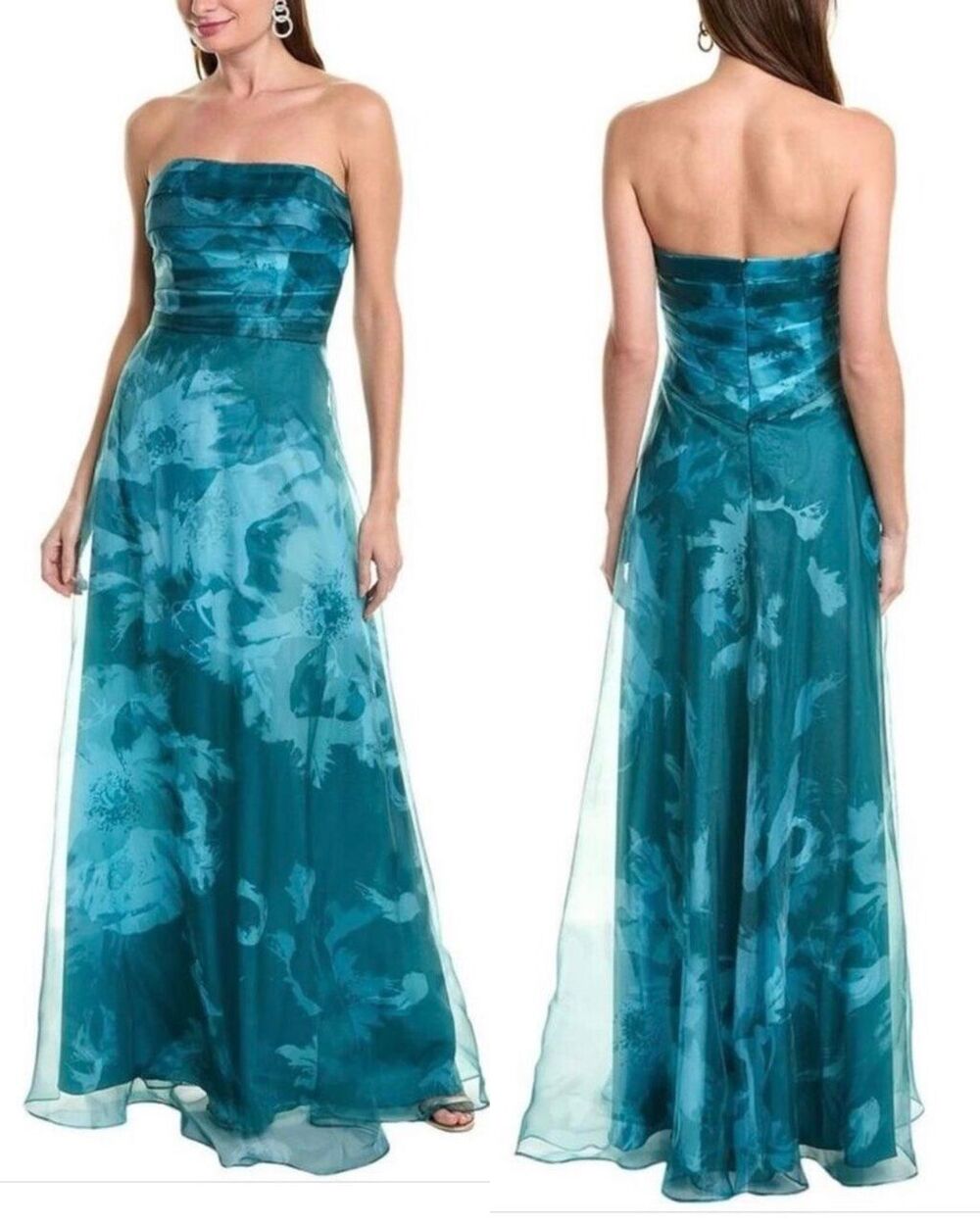 Rene Ruiz Collection Elegant Watercolor Floral Strapless Organza Sheer Gown Teal